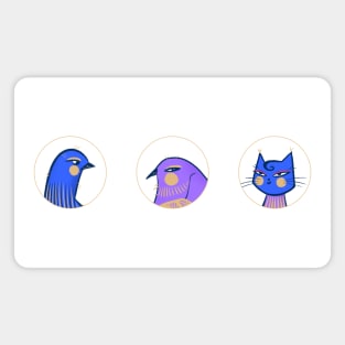 Two purple and blue birds one blue cat Magnet